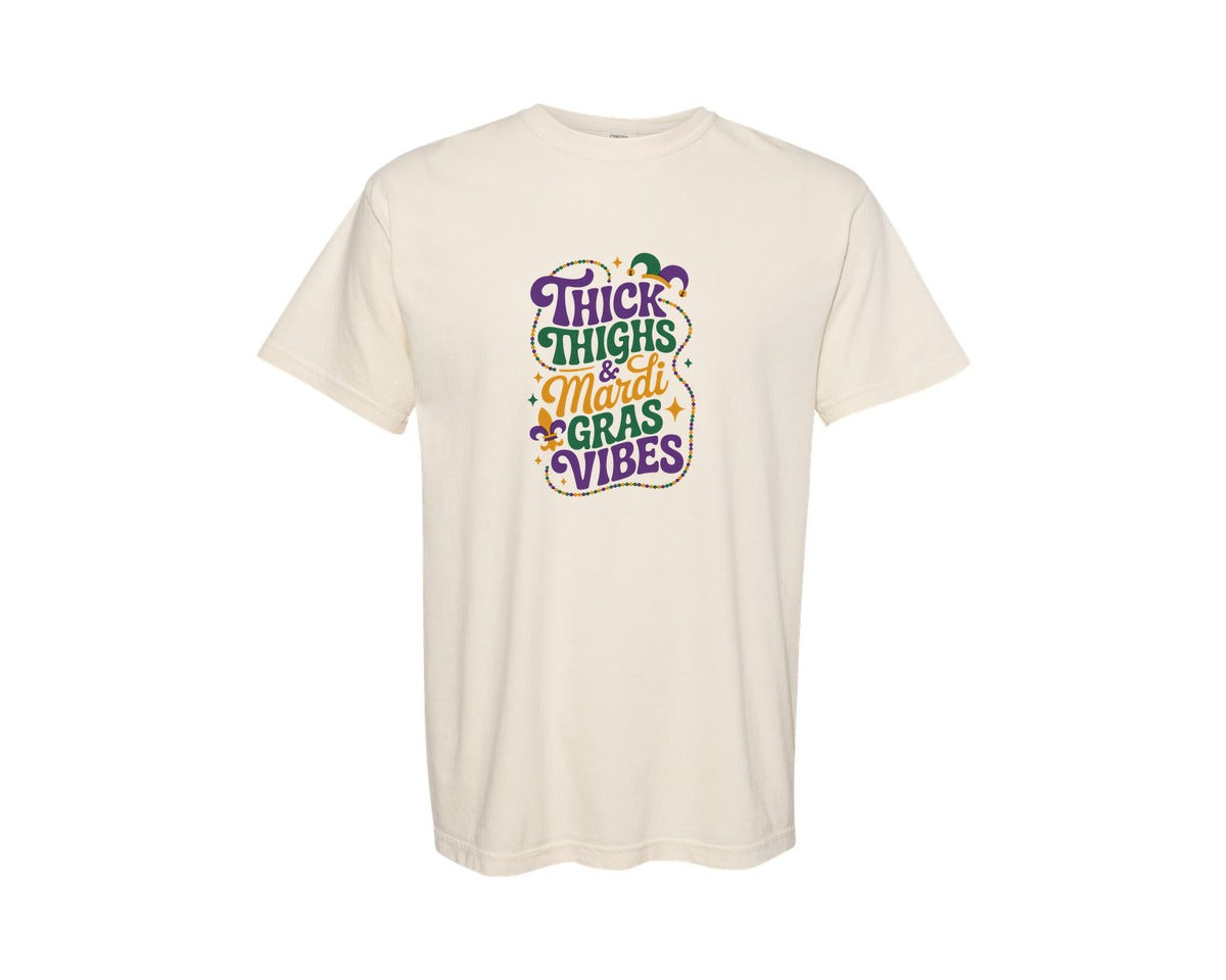 brand:Comfort Colors|color:Ivory|Thick Thighs Mardi Gras Vibes 3 Graphic T-Shirt