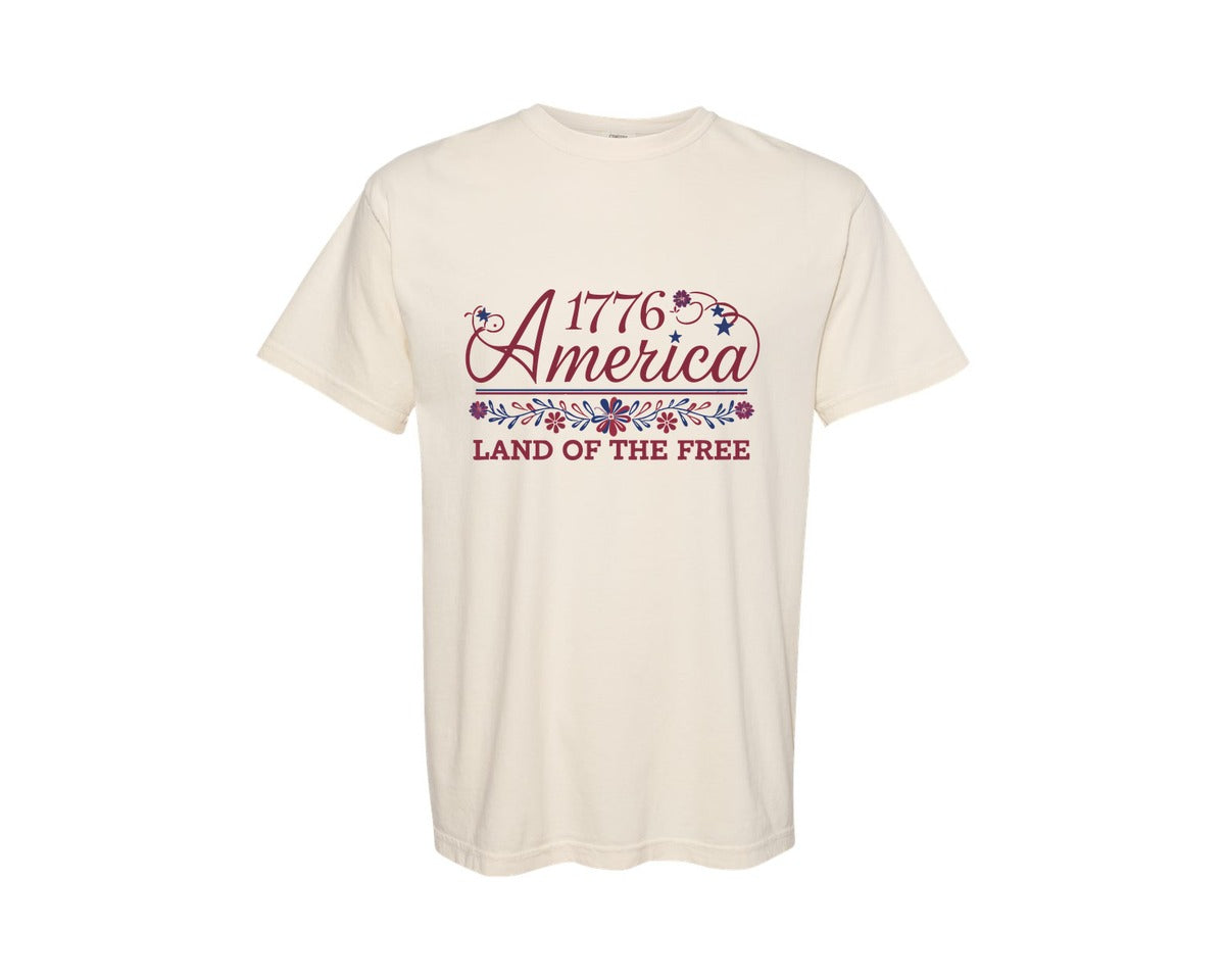 brand:Comfort Colors|color:Ivory|1776 America Elegant Floral Usa Graphic T-Shirt