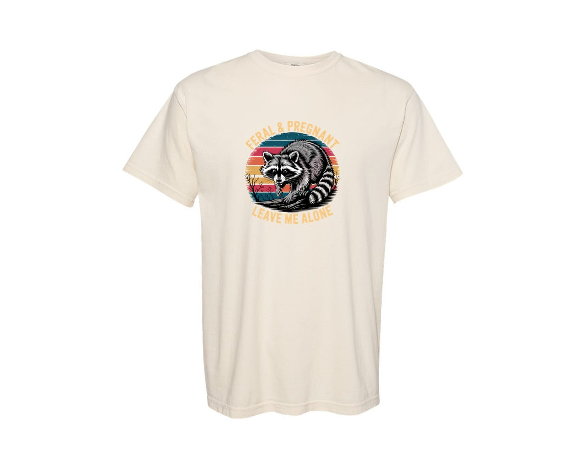 brand:Comfort Colors|color:Ivory|Feral And Pregnant Funny Mom Raccoon Graphic T-Shirt