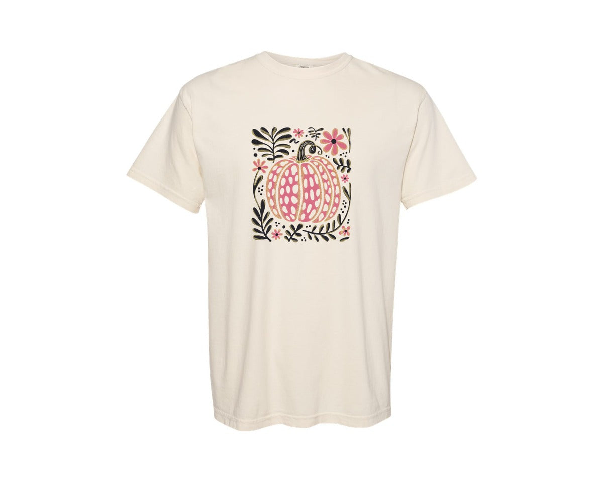 brand:Comfort Colors|color:Ivory|Boho Floral Pink Pumpkin Shirt Graphic T-Shirt