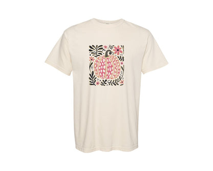 brand:Comfort Colors|color:Ivory|Boho Floral Pink Pumpkin Shirt Graphic T-Shirt