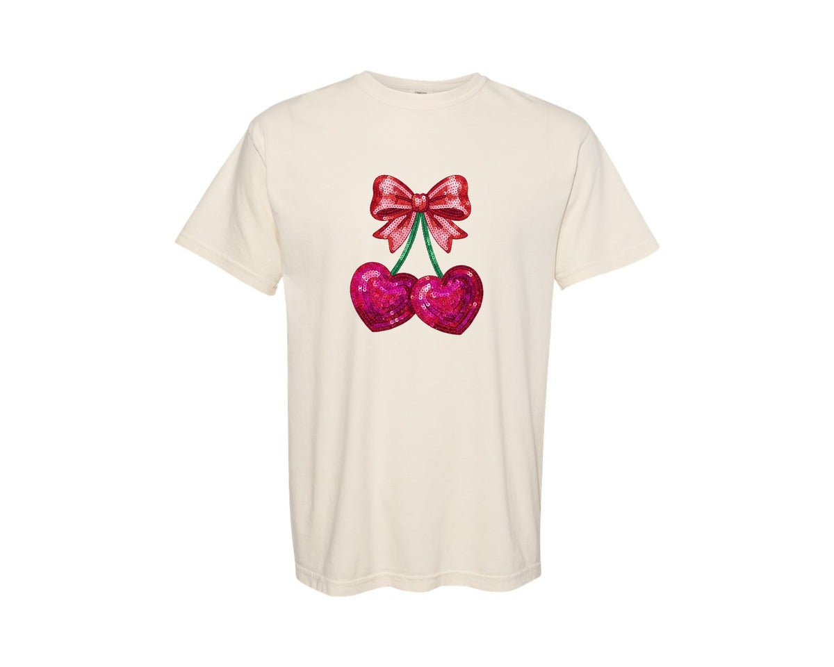 brand:Comfort Colors|color:Ivory|Valentines Day Sequin Cherry Hearts Graphic T-Shirt