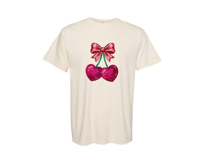 brand:Comfort Colors|color:Ivory|Valentines Day Sequin Cherry Hearts Graphic T-Shirt