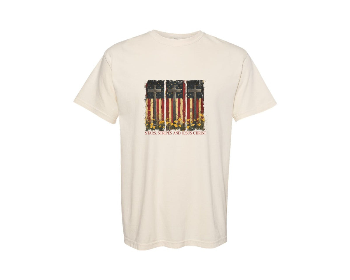 brand:Comfort Colors|color:Ivory|Stars And Stripes And Jesus Christ Graphic T-Shirt