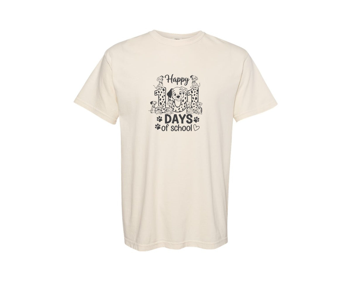 brand:Comfort Colors|color:Ivory|Happy 101 Days Of School Dalmatian Dog Graphic T-Shirt