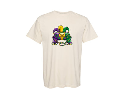 brand:Comfort Colors|color:Ivory|Mardi Gras Gamer Jester Controller Graphic T-Shirt