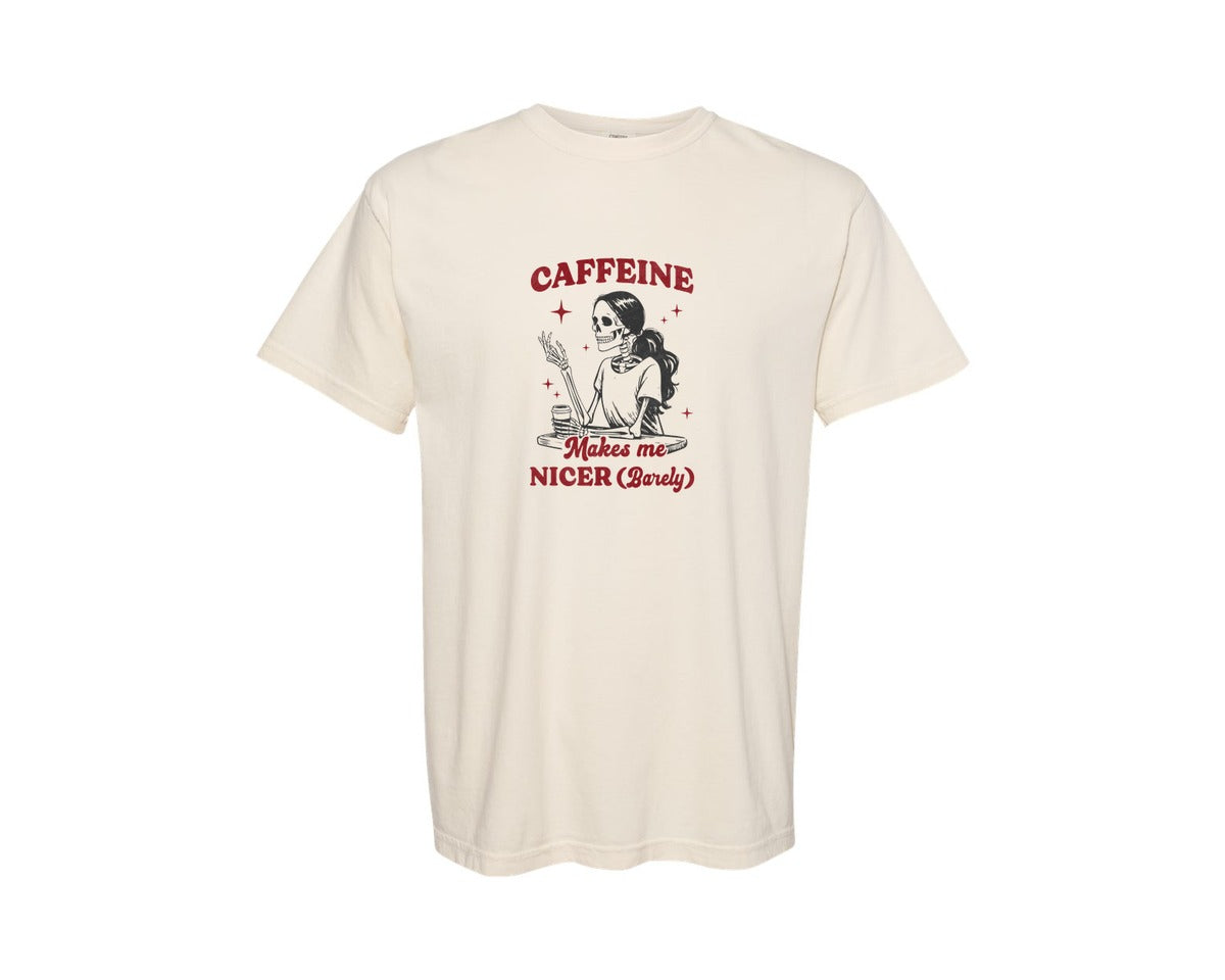 brand:Comfort Colors|color:Ivory|Funny Halloween Skeleton Caffeine Graphic T-Shirt