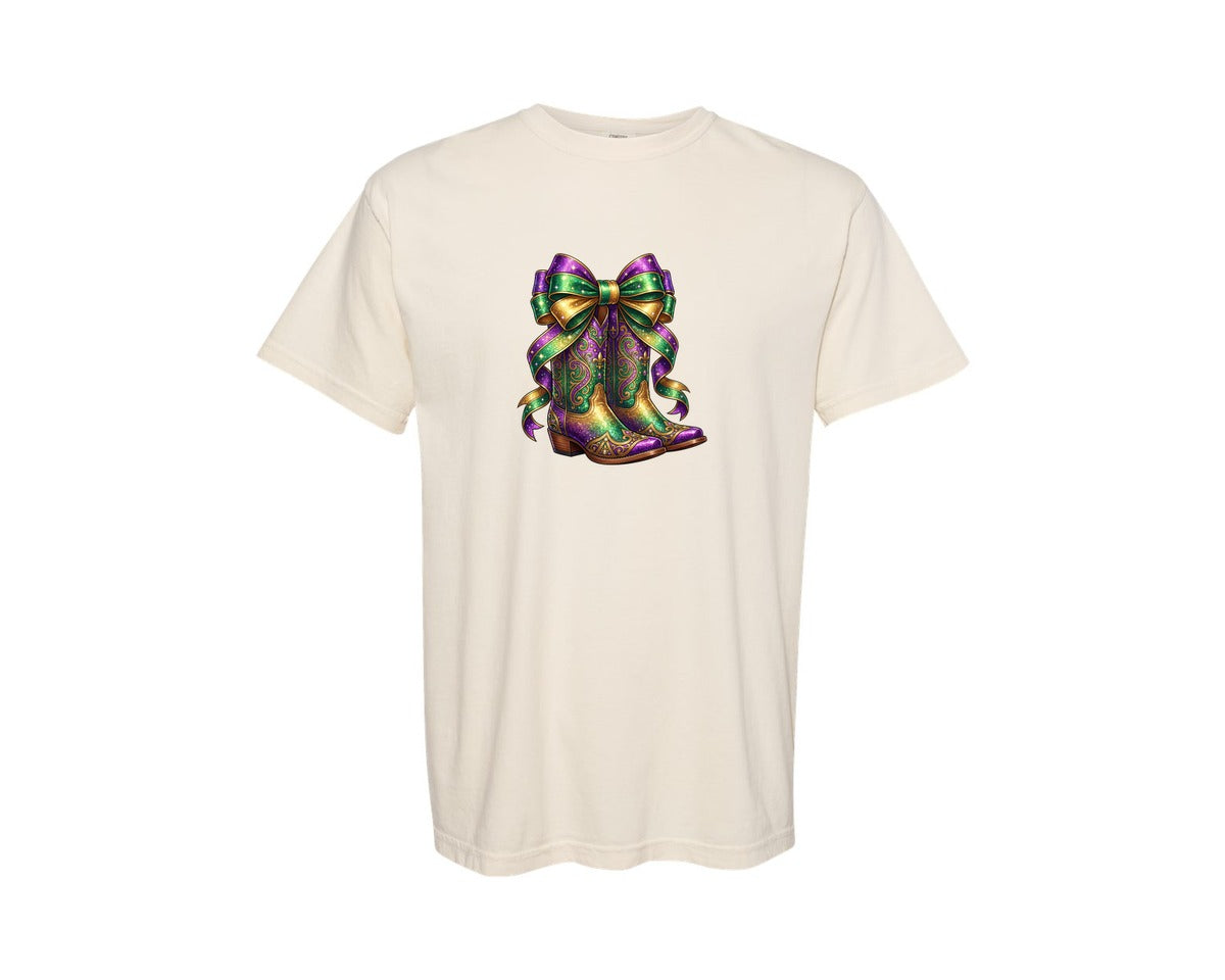 brand:Comfort Colors|color:Ivory|Mardi Gras Cowboy Boots Graphic T-Shirt