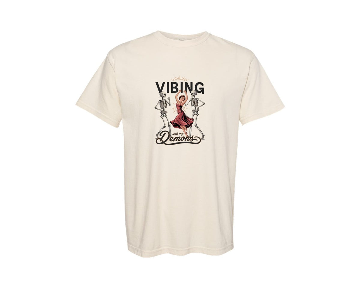 brand:Comfort Colors|color:Ivory|Vibing With My Demons Retro Gothic 2 Graphic T-Shirt