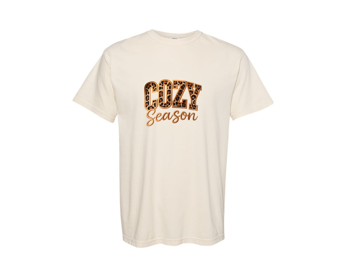 brand:Comfort Colors|color:Ivory|Cozy Season Leopard Fall Faux Yarn Graphic T-Shirt