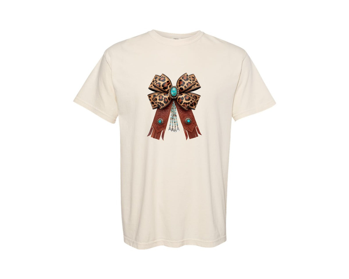 brand:Comfort Colors|color:Ivory|Western Leopard Bow Coquette Cowgirl 2 Graphic T-Shirt