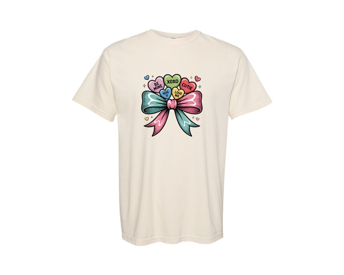 brand:Comfort Colors|color:Ivory|Cute Valentine Candy Hearts Bow Graphic T-Shirt