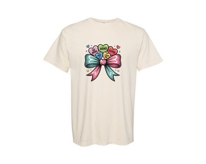 brand:Comfort Colors|color:Ivory|Cute Valentine Candy Hearts Bow Graphic T-Shirt