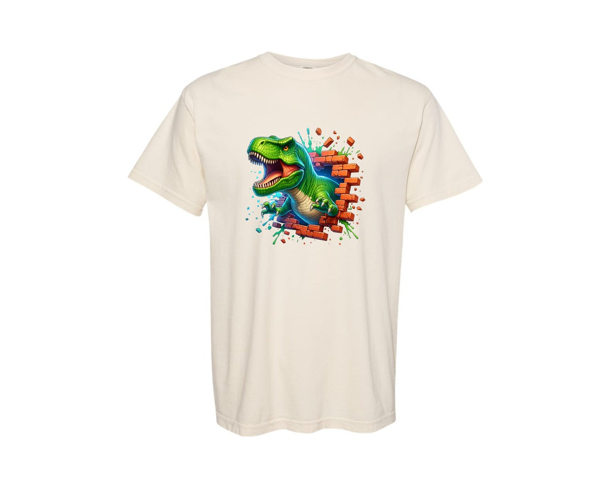 brand:Comfort Colors|color:Ivory|3D T Rex Dinosaur Hole In A Wall Graphic T-Shirt