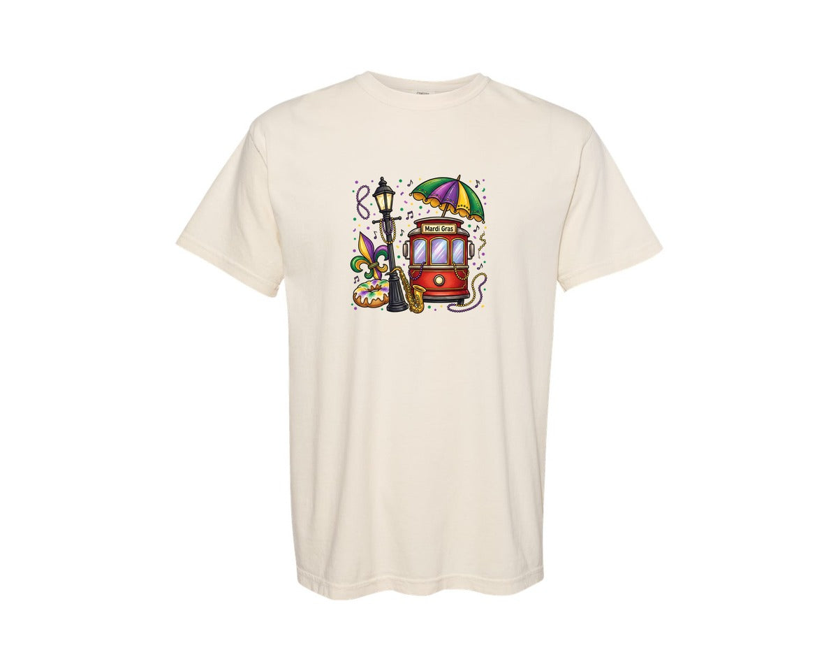 brand:Comfort Colors|color:Ivory|Mardi Gras Streetcar Design Graphic T-Shirt