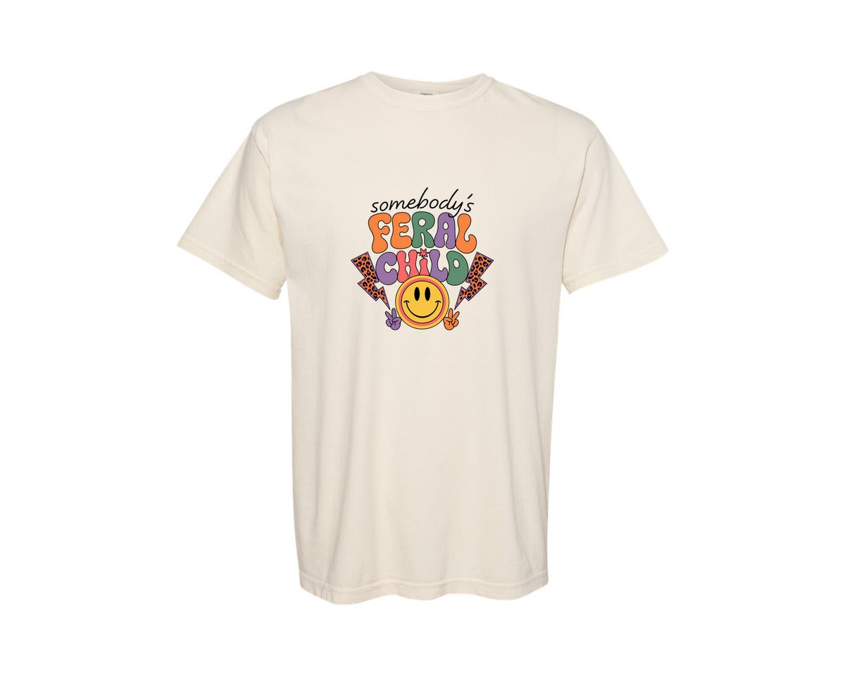 brand:Comfort Colors|color:Ivory|Somebodys Feral Child Funny Summer Graphic T-Shirt