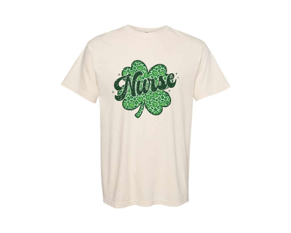 brand:Comfort Colors|color:Ivory|Nurse St Patricks Day Leopard Shamrock Graphic T-Shirt