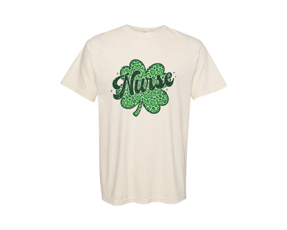 brand:Comfort Colors|color:Ivory|Nurse St Patricks Day Leopard Shamrock Graphic T-Shirt