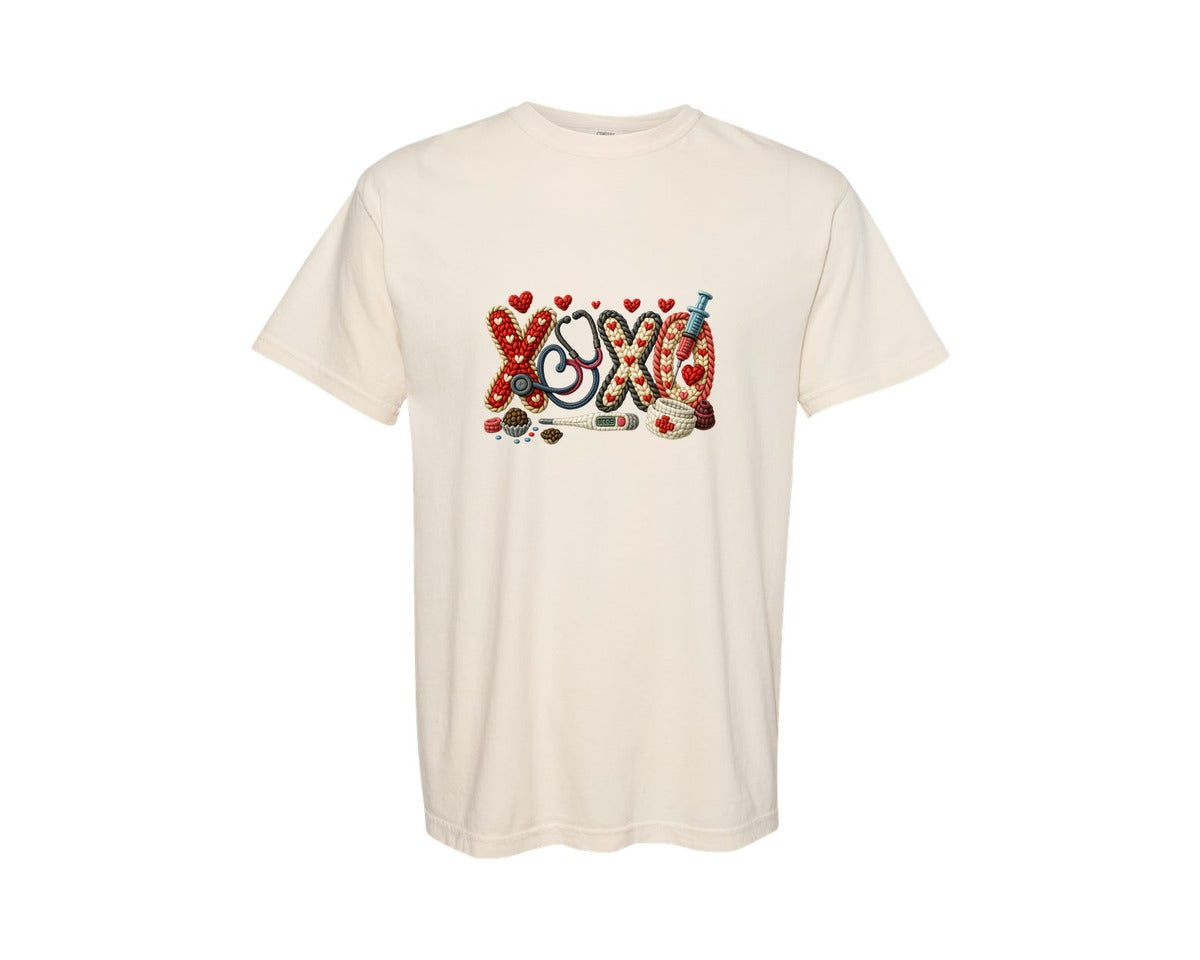 brand:Comfort Colors|color:Ivory|Faux Crochet Valentine Xoxo Nurse Graphic T-Shirt