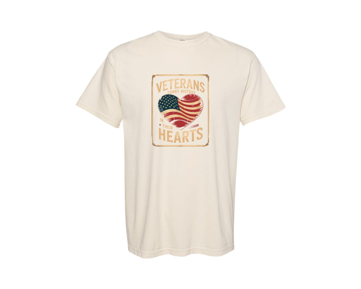 brand:Comfort Colors|color:Ivory|Veterans Carry History Hearts T Shirt Graphic T-Shirt