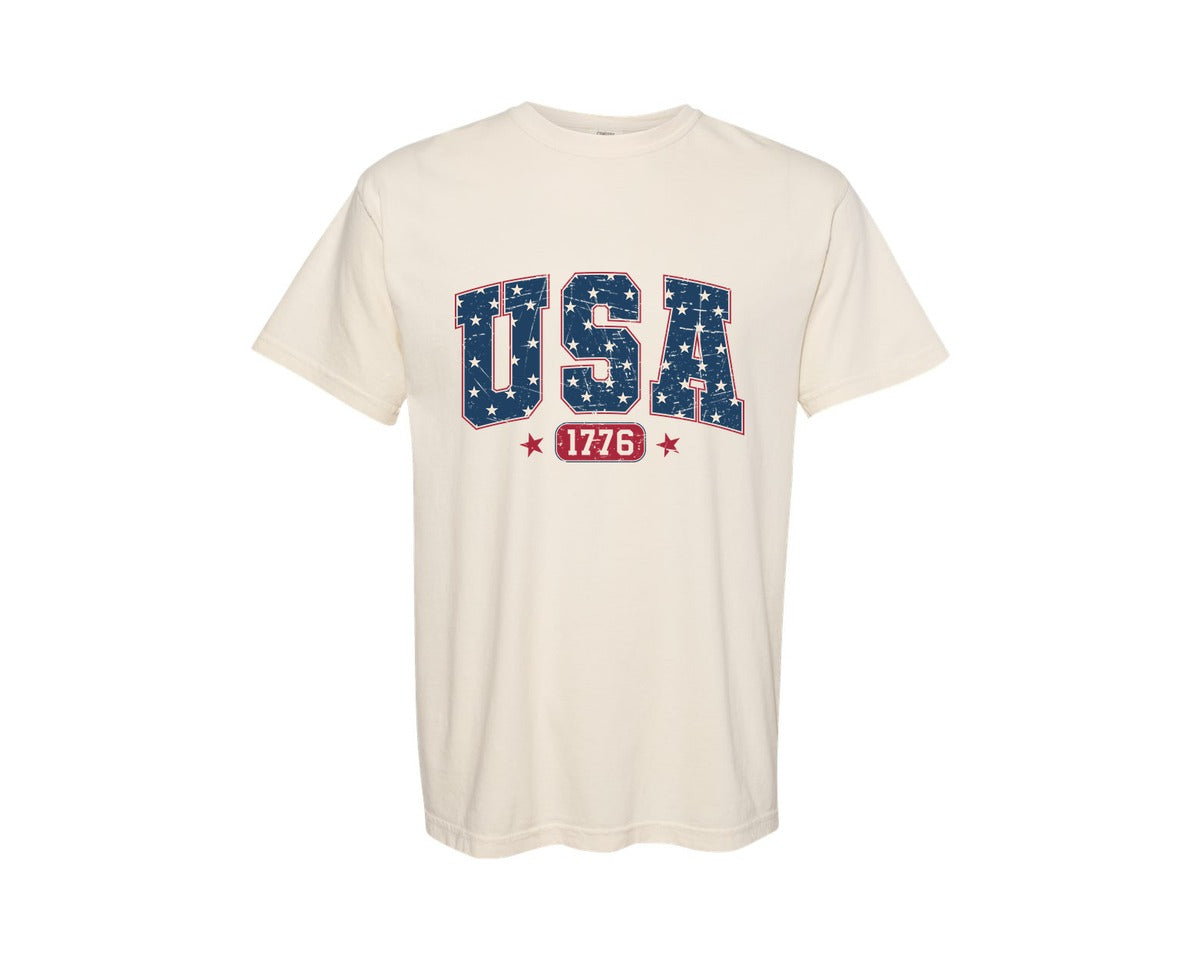 brand:Comfort Colors|color:Ivory|Usa 1776 Svg4Th Of July Usa Varsity Graphic T-Shirt