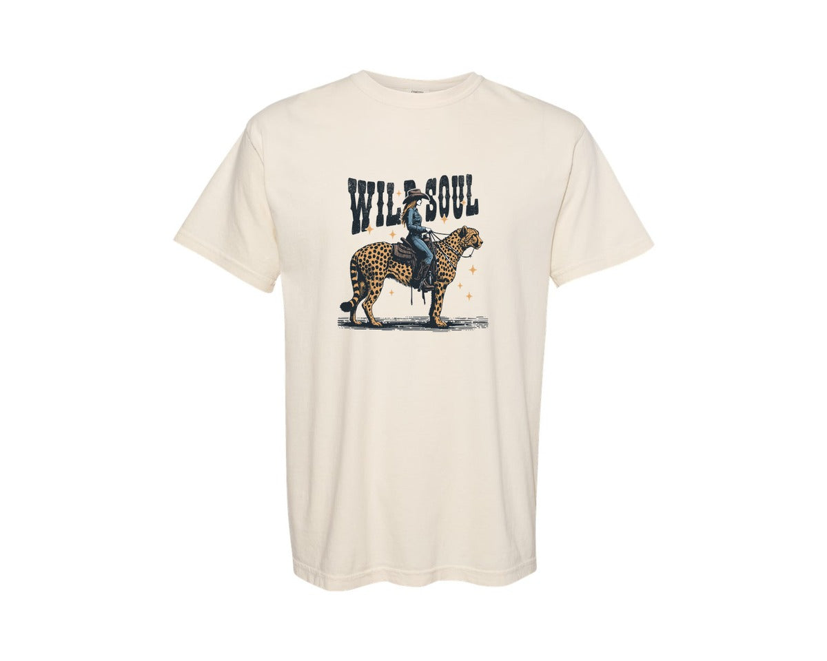 brand:Comfort Colors|color:Ivory|Wild Soul Cowgirl Riding Cheetah Shirt Graphic T-Shirt
