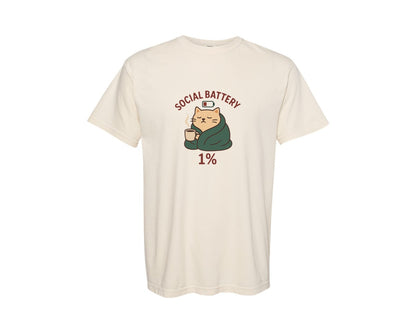 brand:Comfort Colors|color:Ivory|Social Battery Cat Cozy Quote Graphic T-Shirt