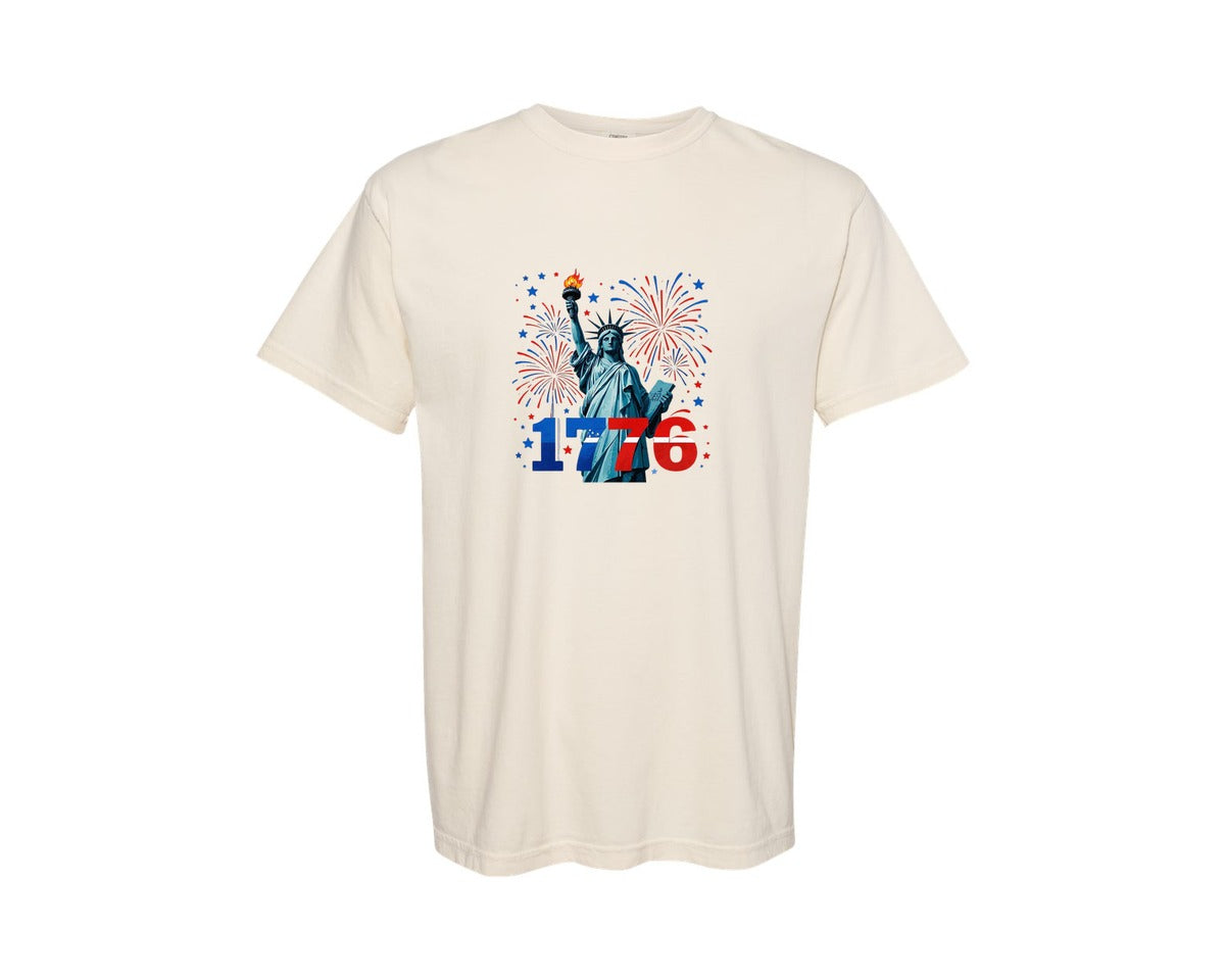 brand:Comfort Colors|color:Ivory|Statue Of Liberty 1776 Fireworks T Shirt Graphic T-Shirt