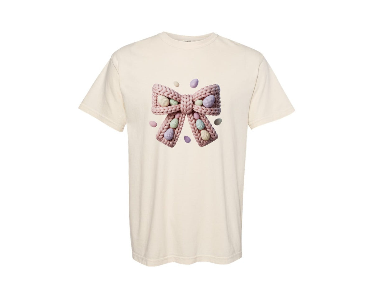 brand:Comfort Colors|color:Ivory|Easter Bunny Bow Crochet Embroidery Graphic T-Shirt