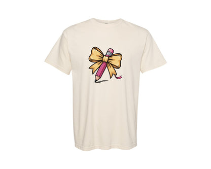 brand:Comfort Colors|color:Ivory|Back To School Pencil Bow Girls Pink Graphic T-Shirt