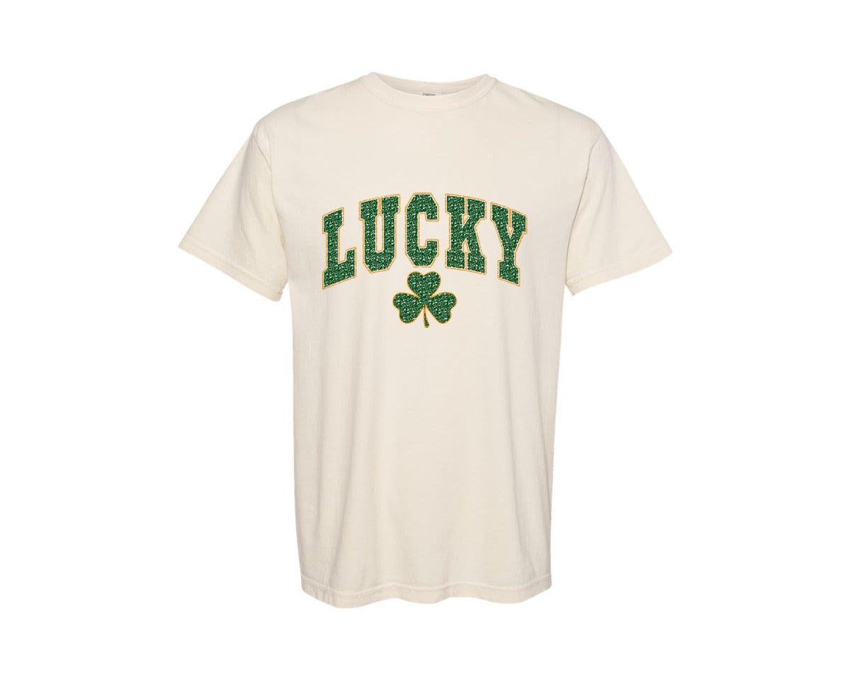 brand:Comfort Colors|color:Ivory|Retro Lucky Varsity Shamrock St Pat Graphic T-Shirt
