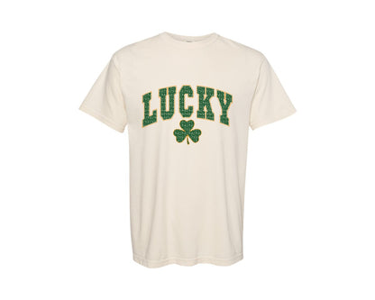 brand:Comfort Colors|color:Ivory|Retro Lucky Varsity Shamrock St Pat Graphic T-Shirt