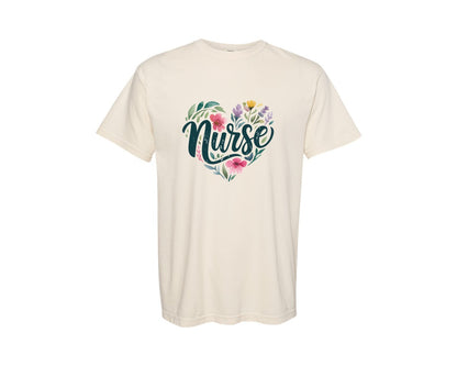 brand:Comfort Colors|color:Ivory|Retro Nurse Floral Heart 2 Graphic T-Shirt