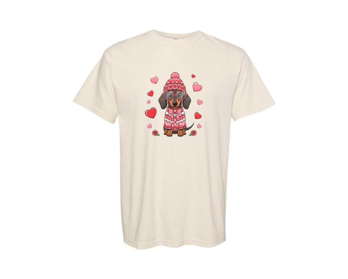 brand:Comfort Colors|color:Ivory|Cute Valentine Dachshund Dog 2 Graphic T-Shirt