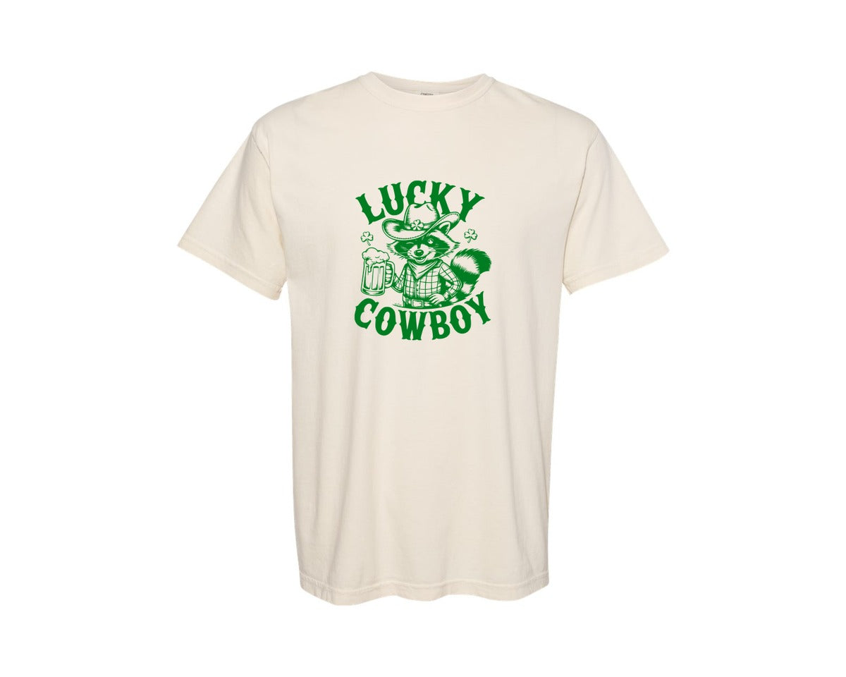 brand:Comfort Colors|color:Ivory|Lucky Cowboy Funny St Patricks Day Graphic T-Shirt