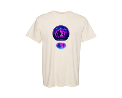 brand:Comfort Colors|color:Ivory|Bigfoot And Alien Ufo Neon Galaxy Graphic T-Shirt