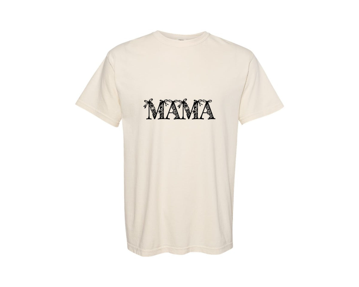 brand:Comfort Colors|color:Ivory|Coquette Floral Black Lace Bow Mama Graphic T-Shirt