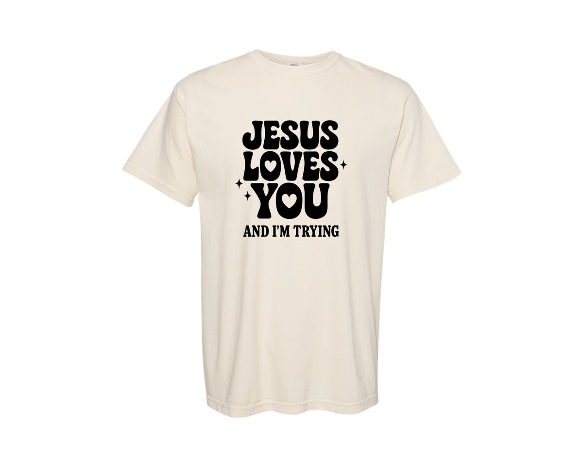 brand:Comfort Colors|color:Ivory|Retro Jesus Loves You Christian Graphic T-Shirt