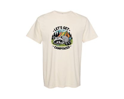 brand:Comfort Colors|color:Ivory|Lets Get Campfaced Camping Raccoon Graphic T-Shirt