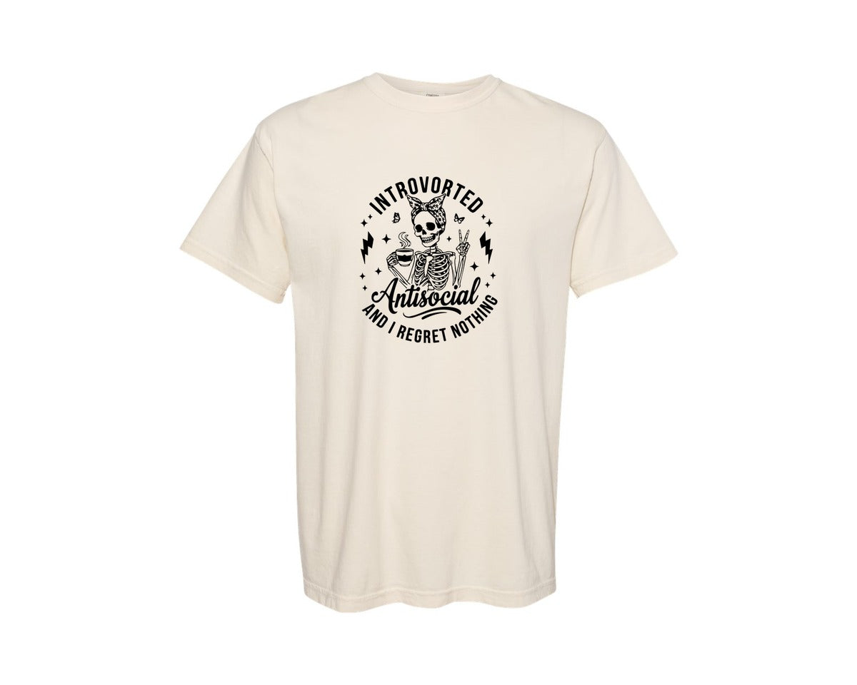 brand:Comfort Colors|color:Ivory|Rocking Women Skeleton Coffee Antisocial Graphic T-Shirt
