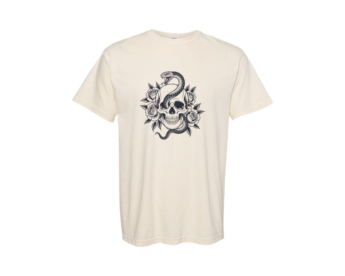 brand:Comfort Colors|color:Ivory|Retro Skull And Snake Vintage Graphic T-Shirt