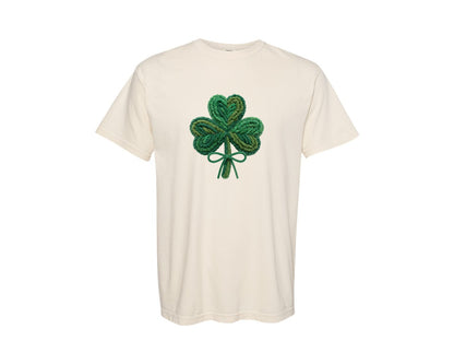 brand:Comfort Colors|color:Ivory|Faux Yarn Style Shamrock Clover Graphic T-Shirt