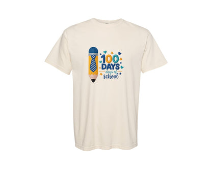 brand:Comfort Colors|color:Ivory|Faux Yarn 100 Days Of School Boy Shirt Graphic T-Shirt