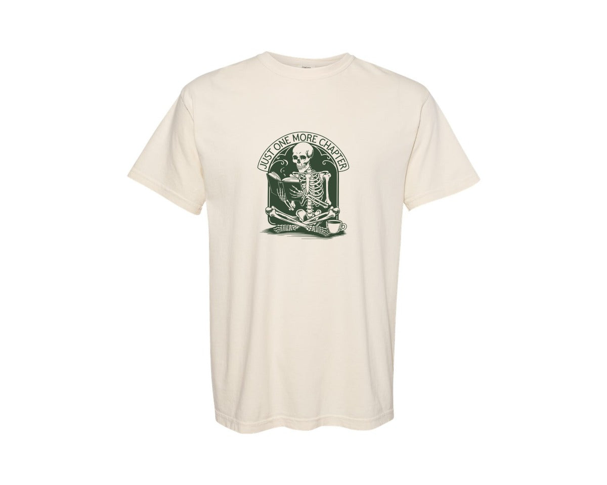 brand:Comfort Colors|color:Ivory|Just One More Chapter Skeleton Coffee 2 Graphic T-Shirt