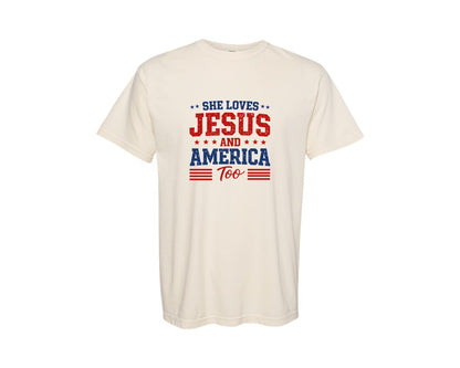brand:Comfort Colors|color:Ivory|She Loves Jesus America Too 2 Graphic T-Shirt