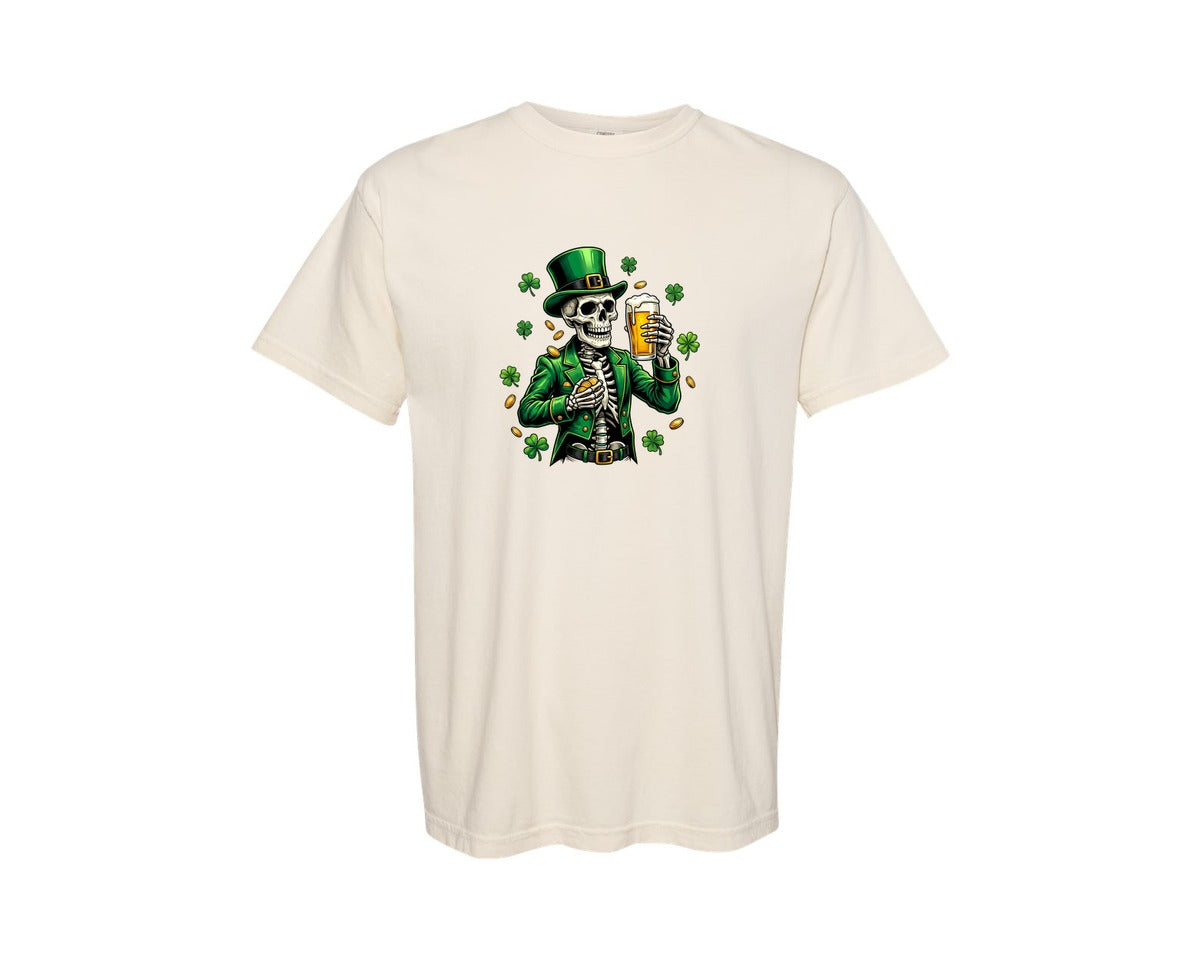 brand:Comfort Colors|color:Ivory|Funny Irish Skeleton Drinking Beer Graphic T-Shirt