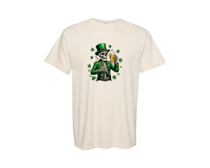 brand:Comfort Colors|color:Ivory|Funny Irish Skeleton Drinking Beer Graphic T-Shirt