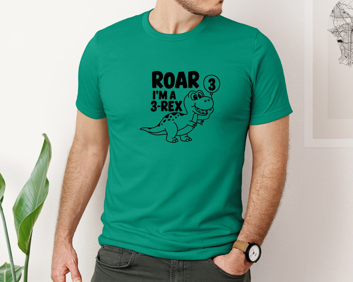 brand:Bella Canvas|color:Kelly|3 Rex Dinosaur Birthday Graphic T-Shirt