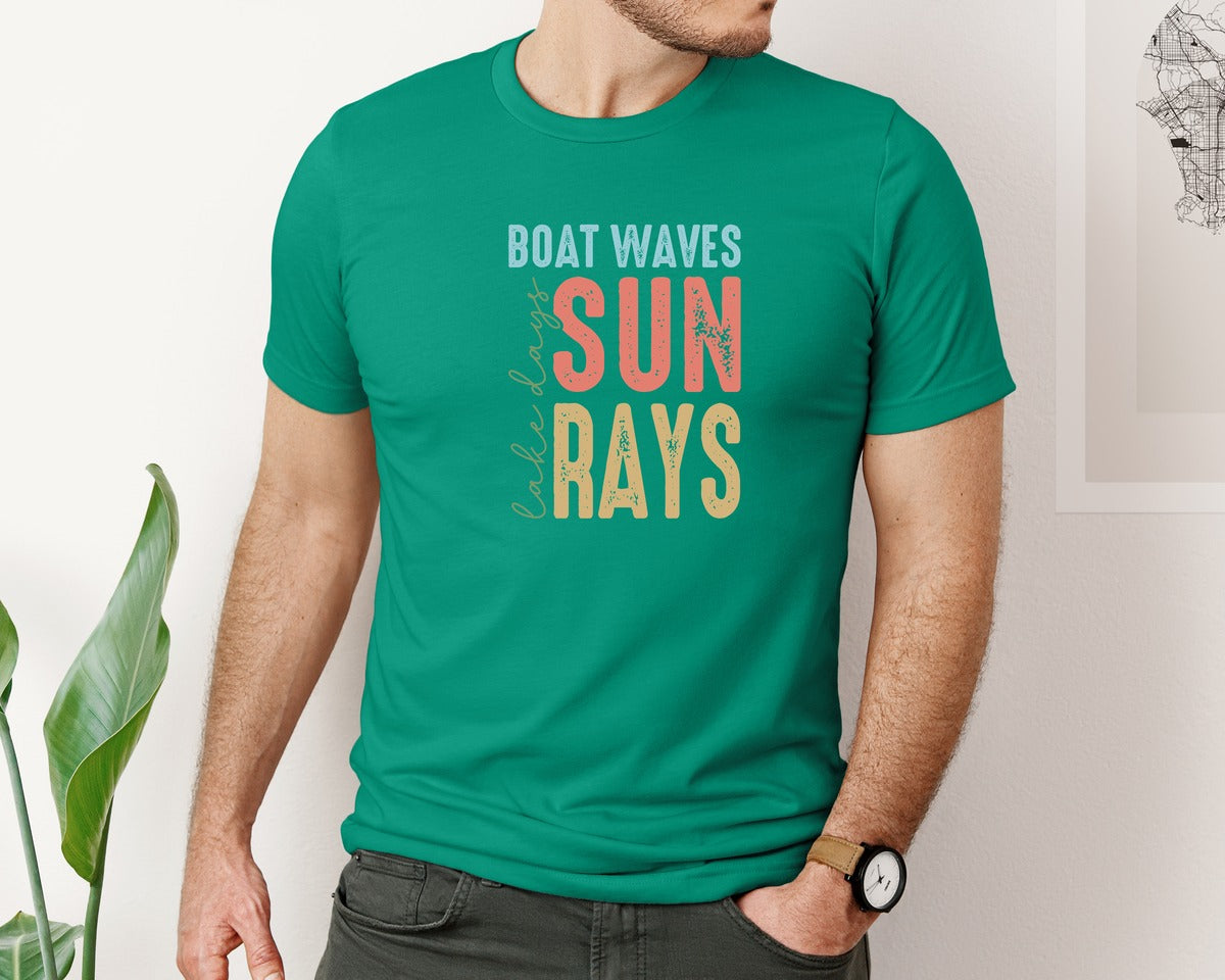 brand:Bella Canvas|color:Kelly|Boat Waves Sun Ray Lake Days Summer Graphic T-Shirt