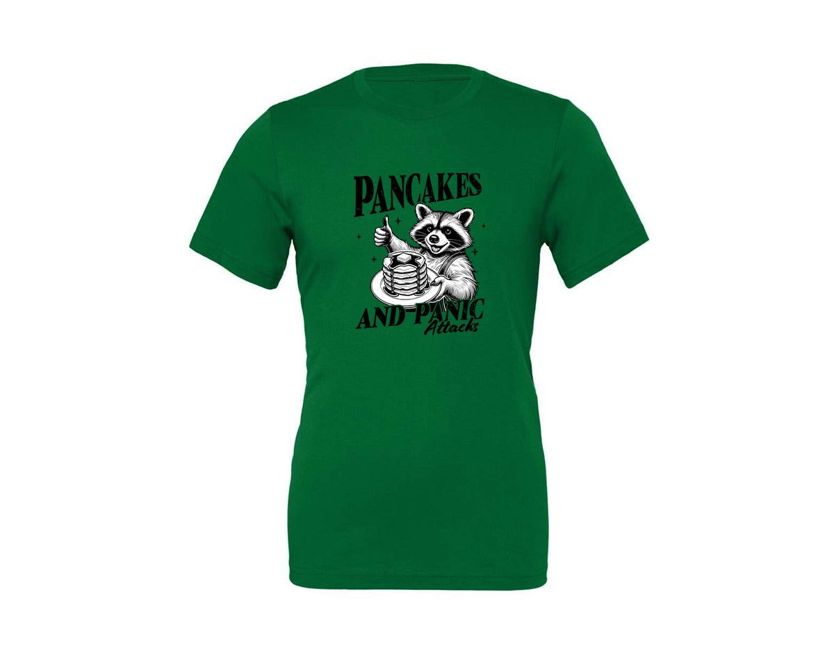 brand:Generic|color:Kelly|Mental Health Raccoon Pancakes And Panic Graphic T-Shirt